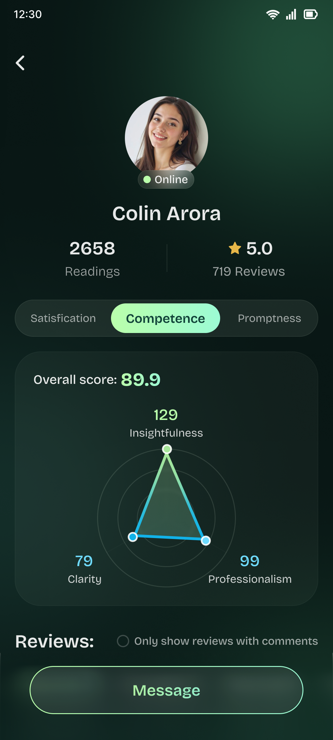 Clarifind advisor profile showing consultation history, ratings, reviews, and performance data