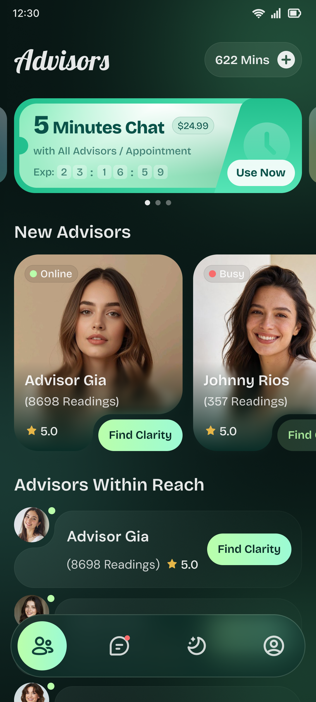 Clarifind app home screen showing advisor profiles